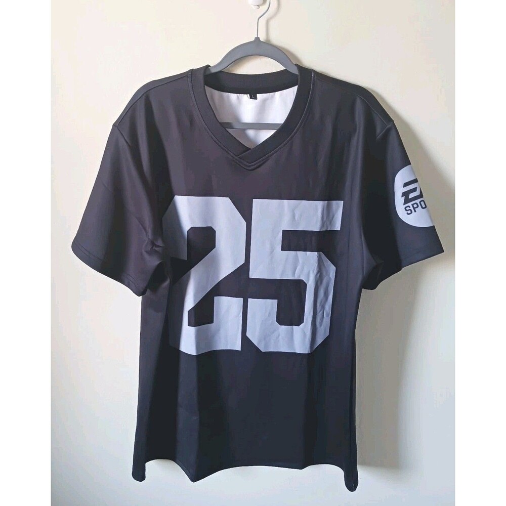 EA Sports Mens Football Jersey Black Silver Logo Short Sleeve Size L